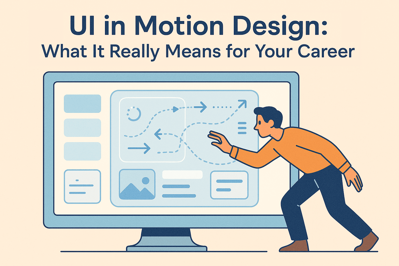Illustration of a motion designer creating interface animations and micro-interactions for a mobile app.