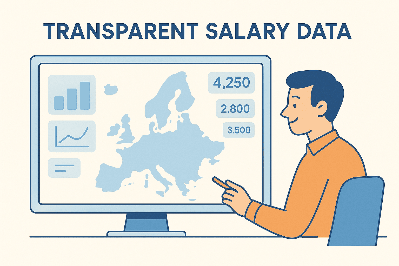 Illustration of a professional reviewing salary transparency data on a screen with a map of Europe.