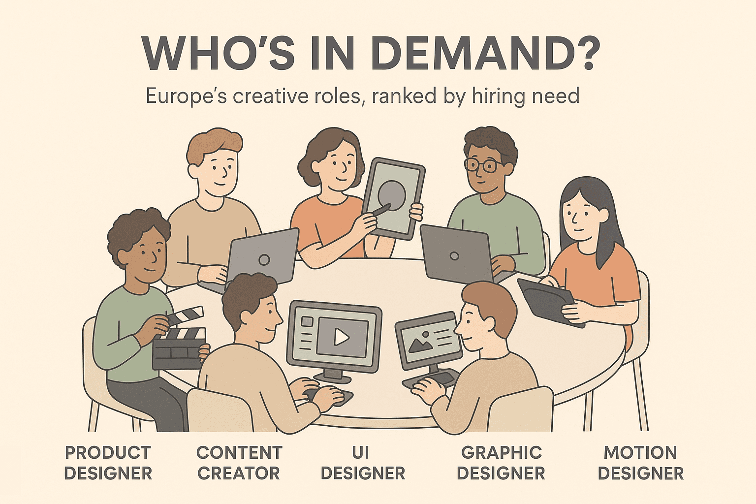 Illustration comparing demand for motion designers with other creative roles in Europe.